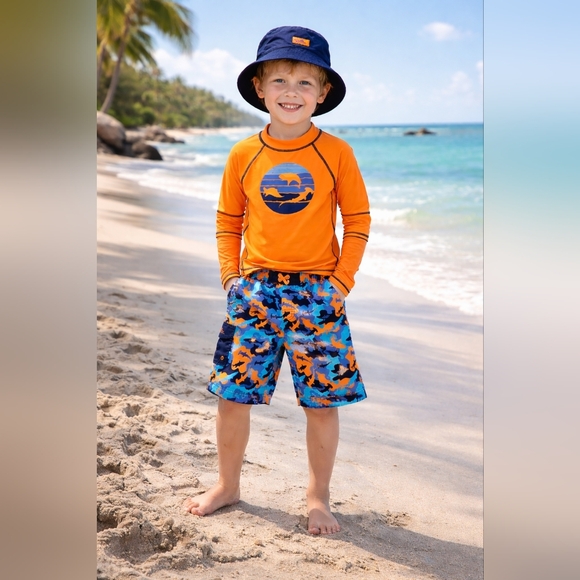 Skin Other - UV Skinz Kids Swim Set Orange Shark Rash Guard Board Shorts Hat UPF50 Beach